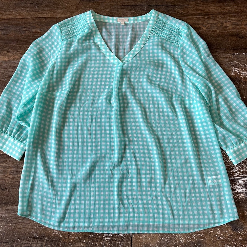 Talbots Woman Mint Green Gingham V-Neck Smocked Blouse 3/4 Sleeve Plus Size 1X